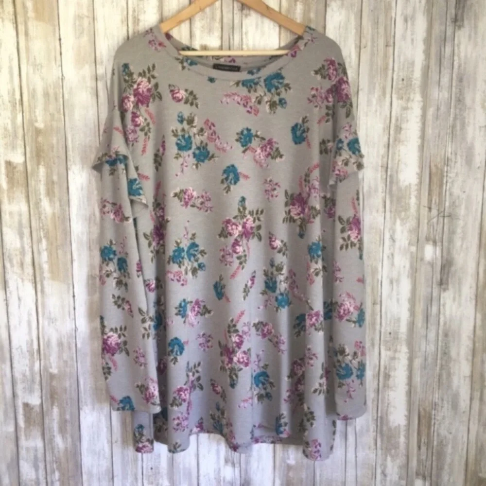 Lane Bryant Floral Tunic Top 22/24 Gray Pink Blue Long Sleeve Plus Size - Picture 1 of 5